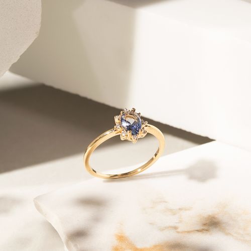 Anel Oval London Blue com Borda Cravejada - Banho de Ouro 18k