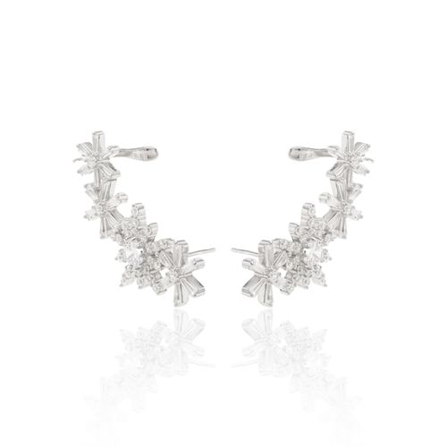 Brinco Ear Cuff Flores Cravejado com Zircônias Brancas - Prata 925