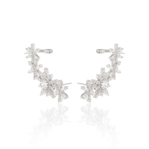 Brinco Ear Cuff Flores Cravejado com Zircônias Brancas - Prata 925