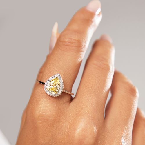 Anel de Cristal Citrino em Gota com Borda Cravejada - Prata 925 com Banho de Ródio Branco