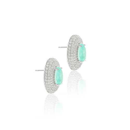 Brinco Fusion de Turmalina Oval com Borda Cravejada - Prata 925 com Banho de Ródio Branco