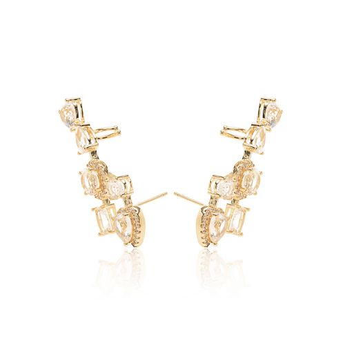 Brinco Ear Cuff Formas Quartzo Rosa e Zircônia Branca - Banho de Ouro 18k