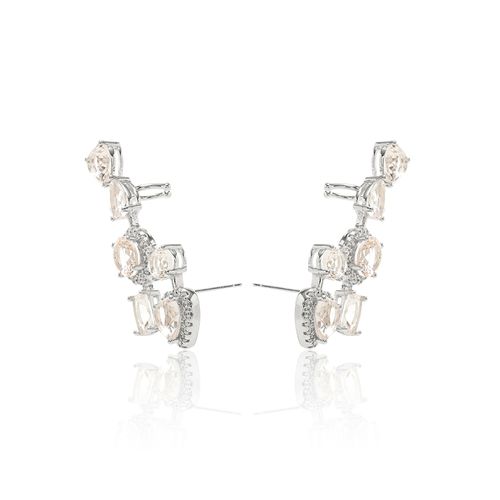 Brinco Ear Cuff Formas Quartzo Rosa e Zircônia Branca - Banho de Ródio Branco