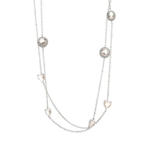 Colar Longo Formas Cristal Quartzo Rosa e Zircônia Branca - 102cm - Banho de Ródio Branco