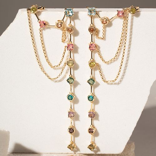 Brinco Earchain Formas Cristal Citrino Cristal Ametista Cristal Topázio Azul - Banho de Ouro 18k