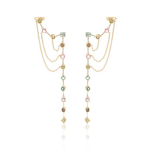 Brinco Earchain Formas Cristal Citrino Cristal Ametista Cristal Topázio Azul - Banho de Ouro 18k
