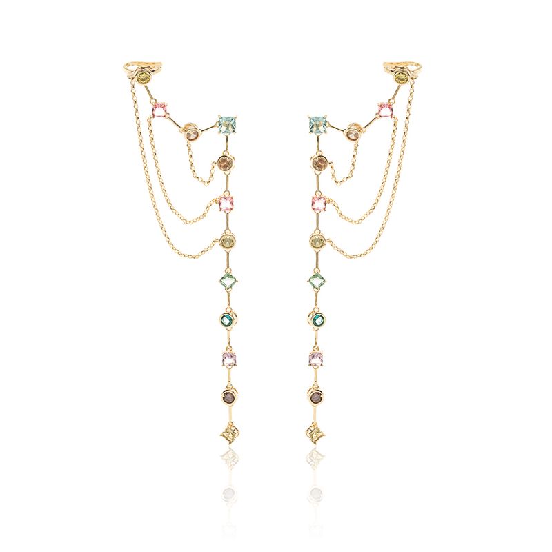 Brinco-Earchain-Formas-Cristal-Citrino-Cristal-Ametista-Cristal-Topazio-Azul---Banho-de-Ouro-18k