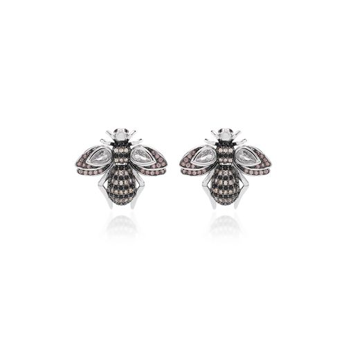 Brinco Bug com Zircônias Brancas, Negras e Champagne - Banho de Ródio Branco