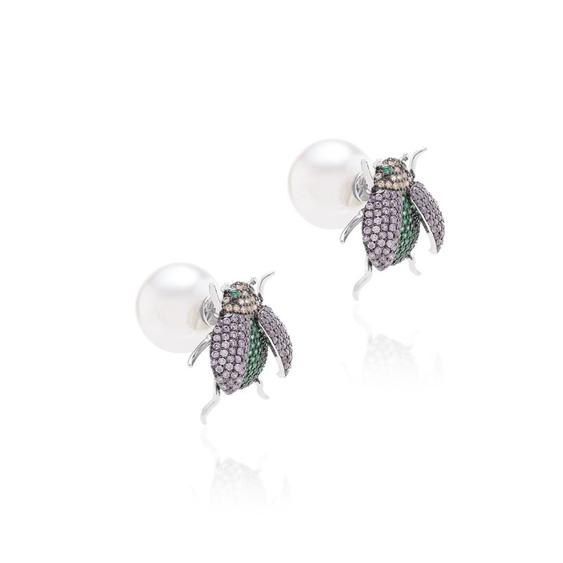 Brinco-Bug-com-Zirconias-Verdes-Roxas-e-Champagne-e-Fecho-de-Perola-