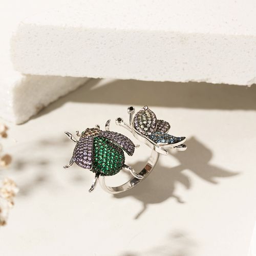 Anel Bugs com Zircônias Coloridas Free Size do 13 ao 17 - Banho de Ródio Branco