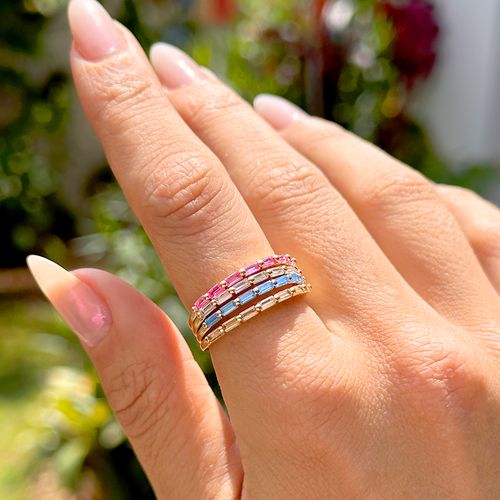 Anel com Cristal Morganita, Cristal Topázio Azul e Cristal Turmalina Rosa - Kit com 4 Anéis - Banho de Ouro 18k
