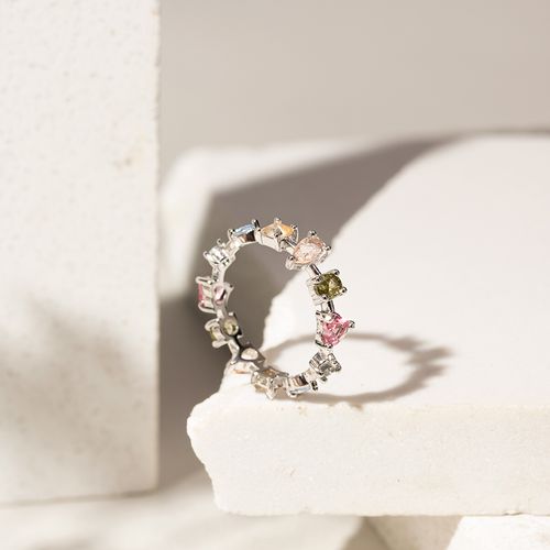 Anel com Formas de Cristal Rutilado, Cristal Topázio Azul e Cristal Turmalina Rosa - Banho de Ródio
