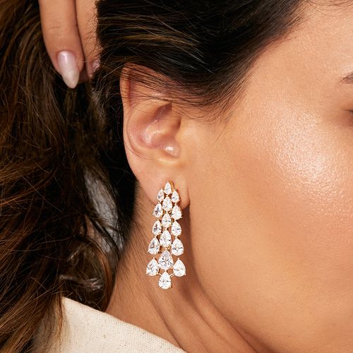 Brinco Longo de Gotas de Zircônia Branca - Banho de Ouro 18k