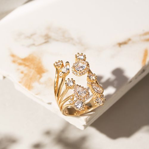 Anel Aberto com Formas de Zircônia Branca - Banho de Ouro 18k
