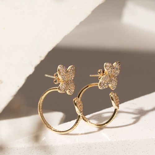Brinco Versátil com Zircônia Branca em Formato de Flor - Banho de Ouro 18k