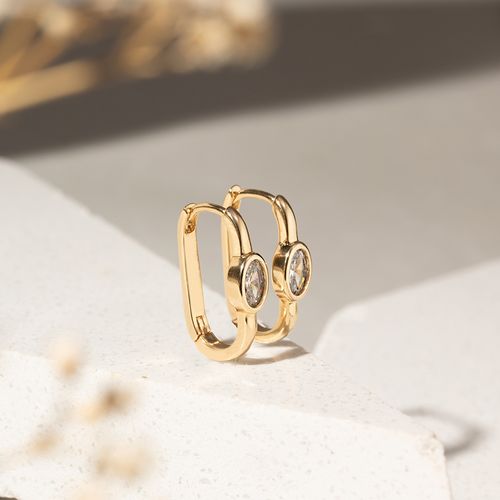 Brinco Argola Ovalada com Fecho Click e Zircônia Branca Oval 5x7 - Banho de Ouro 18k