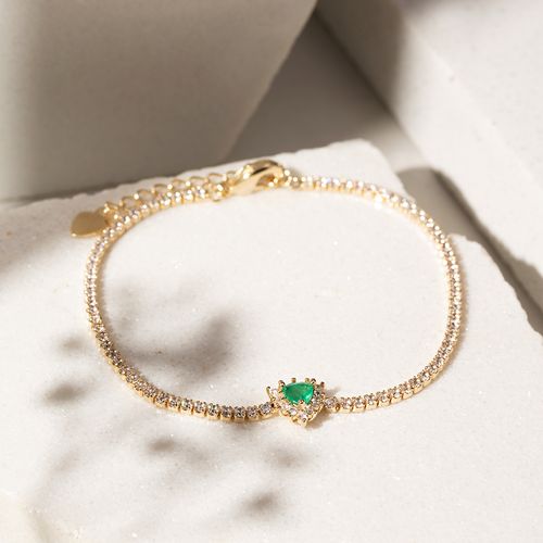 Pulseira Riviera com Cristal Esmeralda, Zircônia Branca e Extensor de 3cm Trillon 8mm - 18cm - Banho de Ouro 18k