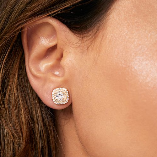Brinco com Zircônia Branca Cushion Halo - Banho de Ouro 18k