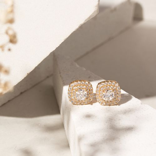Brinco com Zircônia Branca Cushion Halo - Banho de Ouro 18k