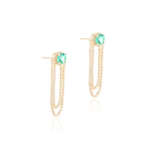 Brinco com Cristal Paraíba e Zircônia Branca Oval com Corrente - Banho de Ouro 18k