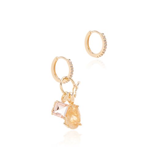 Brinco com Cristal Rutilado, Cristal Rodolita e Zircônia Branca em Formato de Gota e Quadrado - Banho de Ouro 18k