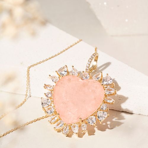 Colar Coração GG de Fusion Morganita com Zircônias Brancas - 50cm - Banho de Ouro 18k