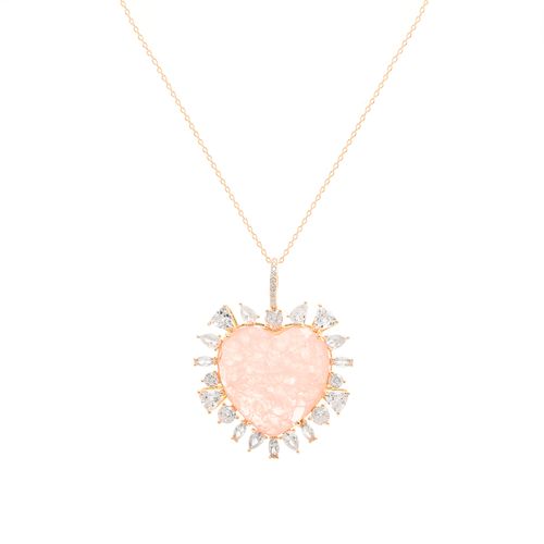 Colar Coração GG de Fusion Morganita com Zircônias Brancas - 50cm - Banho de Ouro 18k