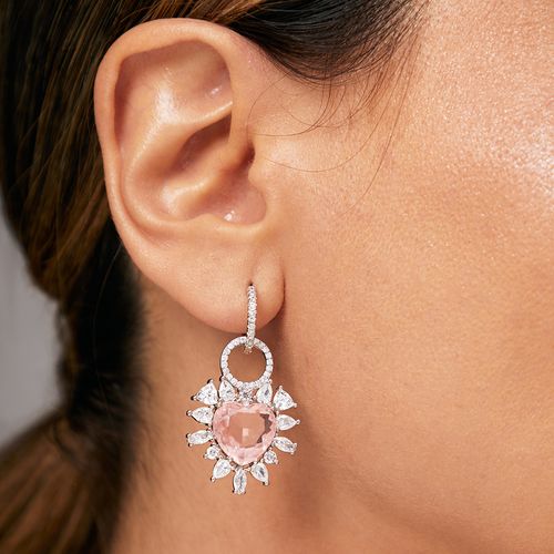 Brinco Argola Click com Coração de Fusion Morganita - Banho de Ródio Branco