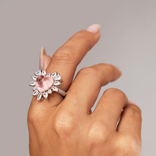 Anel Coração de Fusion Morganita com Zircônias Brancas - Banho de Ródio Branco