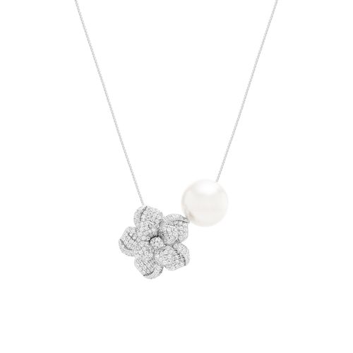 Colar Flor Cravejada com Pérola Shell - 50cm - Prata 925