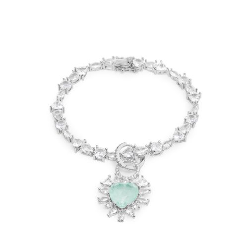 Pulseira Coração de Fusion Esmeralda Colombiana e Zircônias Brancas - 18cm - Banho de Ródio Branco