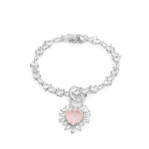 Pulseira Coração de Fusion Morganita e Zircônias Brancas - 18cm - Banho de Ródio Branco