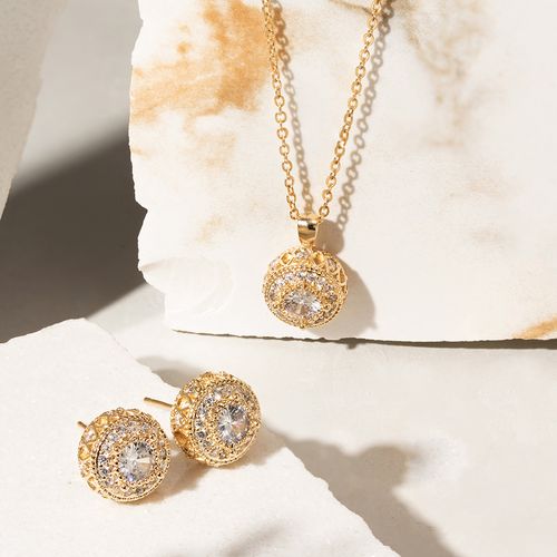 Conjunto Coroa com Zircônias Brancas Redondas de 5mm - Banho de Ouro 18k