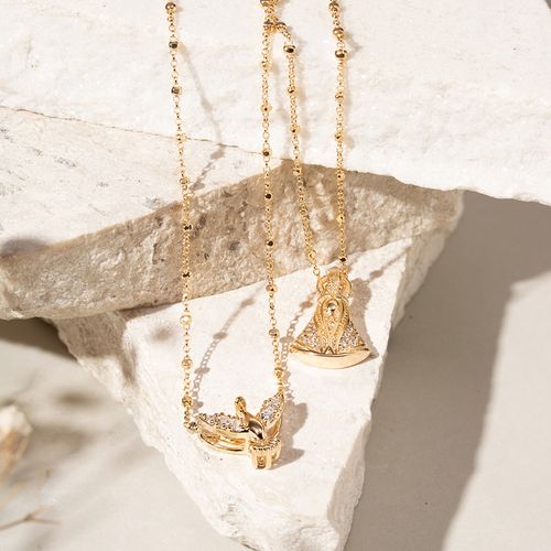 Colar Escapulário com Espírito Santo e Nossa Senhora Aparecida em Zircônias Brancas - 65cm - Banho de Ouro 18k