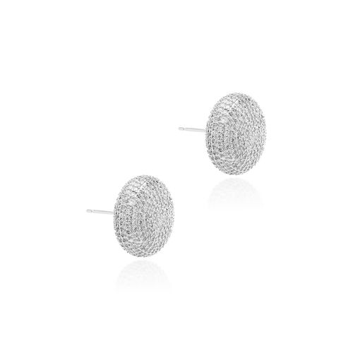 Brinco Botão Cravejado com Zircônias Brancas - Banho de Ródio Branco