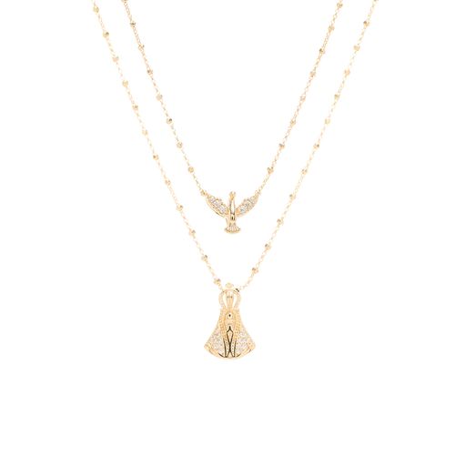 Colar Escapulário com Espírito Santo e Nossa Senhora Aparecida em Zircônias Brancas - 65cm - Banho de Ouro 18k