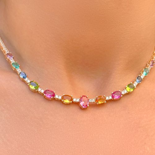 Colar com Cristais de Podange, Turmalina Rosa e Peridoto - 44cm - Banho de Ouro 18k