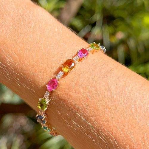 Pulseira com Cristais de Podange, Turmalina Rosa e Peridoto - 18cm - Banho de Ouro 18k
