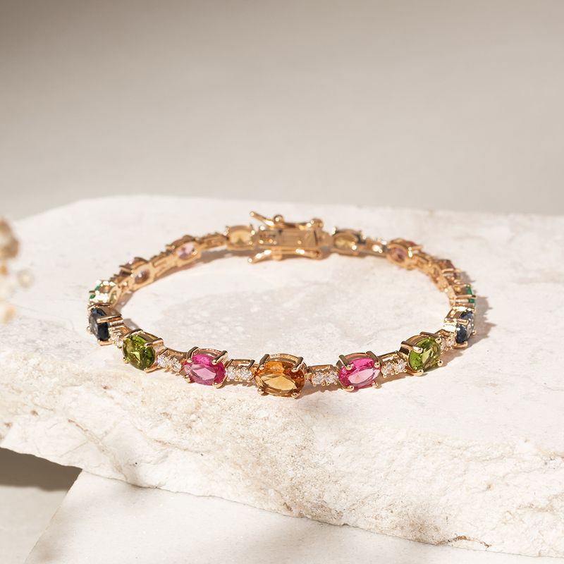 Pulseira-com-Cristais-de-Podange-Turmalina-Rosa-e-Peridoto---18cm---Banho-de-Ouro-18k