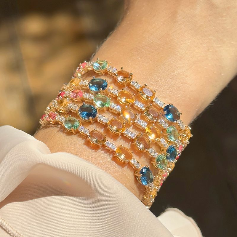 Pulseira-com-Cristais-de-London-Blue-Turmalina-Rosa-e-Morganita---18cm---Banho-de-Ouro-18k