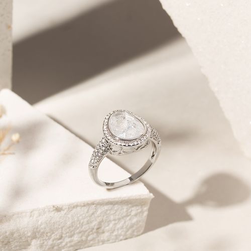 Anel Orgânico com Cristal Ice e Zircônias Brancas - Banho de Ródio Branco