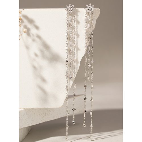 Brinco Longo de Festa com Zircônias Brancas - Banho de Ródio Branco