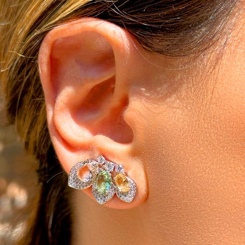 Brinco Ear Cuff Borboleta com Cristais de Morganita, Ametista Verde e Citrino - Banho de Ródio Branco