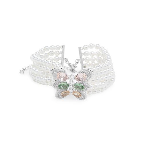 Pulseira Borboleta de Fios com Pérola Shell e Cristais de Morganita e Ametista Verde - 15cm + 8cm de Alongador - Banho de Ródio Branco