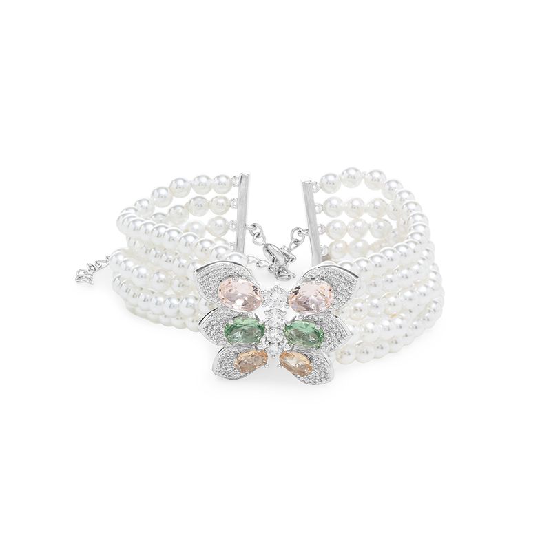 Pulseira-Borboleta-de-Fios-com-Perola-Shell-e-Cristais-de-Morganita-e-Ametista-Verde---15cm---8cm-de-Alongador---Banho-de-Rodio-Branco