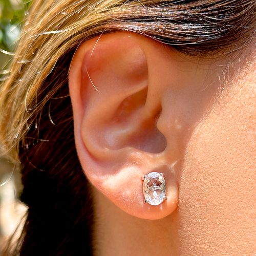 Brinco com Cristal Oval de 6x9mm - Banho de Ródio Branco