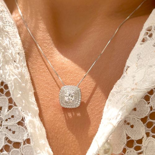 Colar com Zircônia Branca Quadrada com Bordas - Prata 925