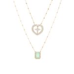 Colar-Escapulario-Retangular-com-Fusion-de-Esmeralda-Colombiana-Zirconias-Brancas-e-Coracao-Cravejado---Banho-de-Ouro-18k