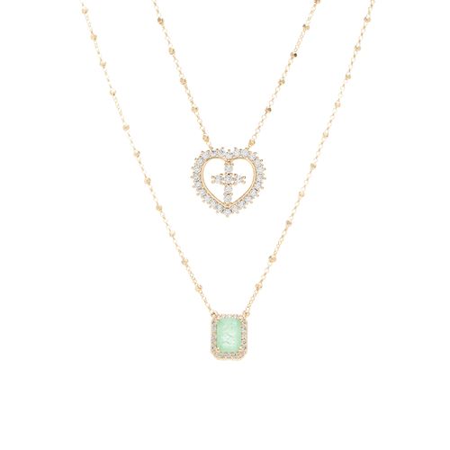 Colar Escapulário Retangular com Fusion de Esmeralda Colombiana, Zircônias Brancas e Coração Cravejado - Banho de Ouro 18k
