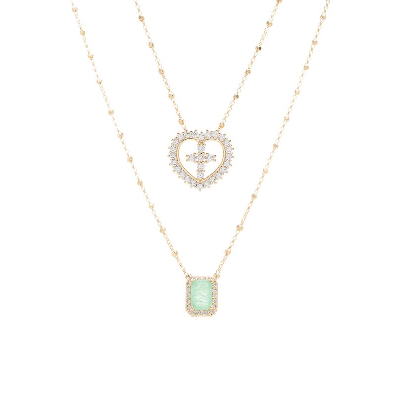 Colar-Escapulario-Retangular-com-Fusion-de-Esmeralda-Colombiana-Zirconias-Brancas-e-Coracao-Cravejado---Banho-de-Ouro-18k